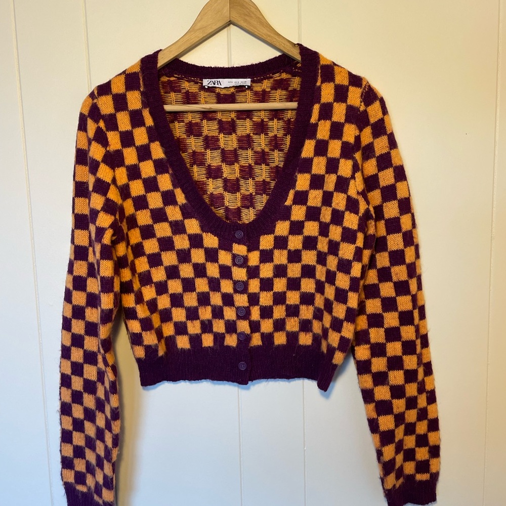 Zara orange and purple checkerboard Italian wool cardigan